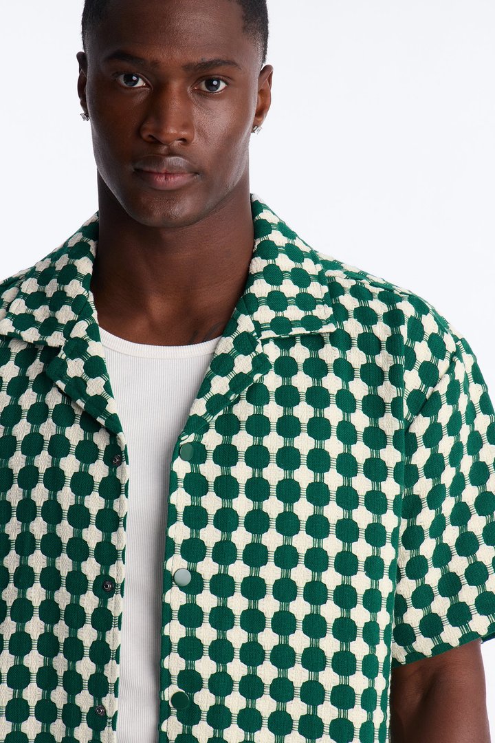 Relaxed Weaved Jacquard Cuban Collar Button Up Shirt - Green/combo