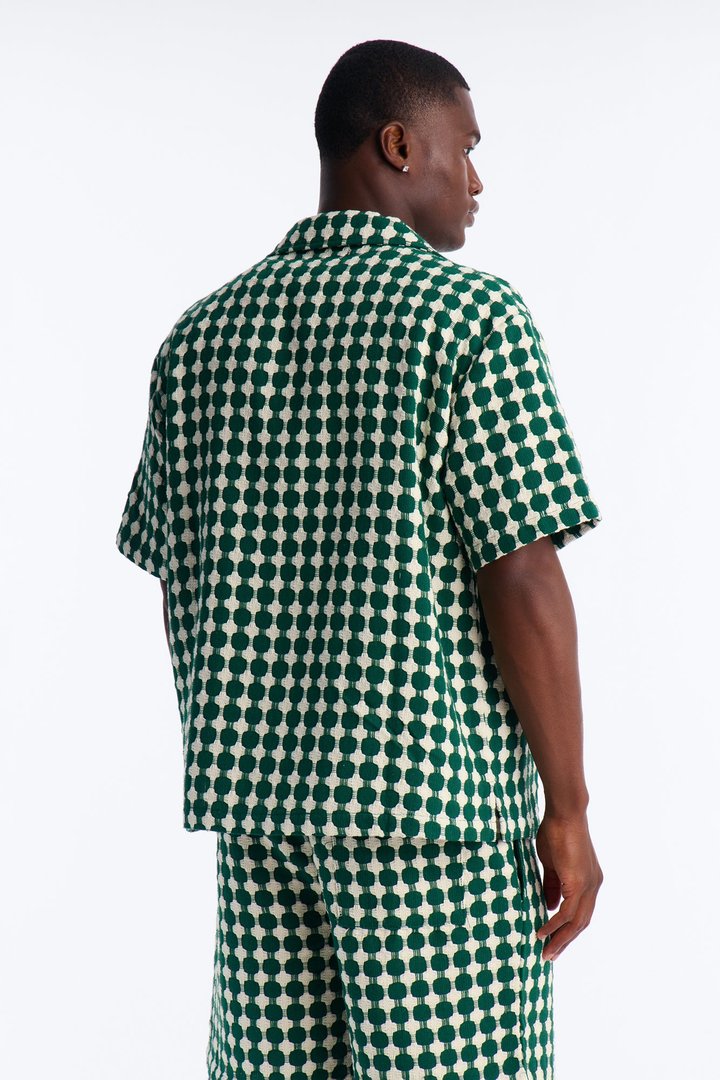 Relaxed Weaved Jacquard Cuban Collar Button Up Shirt - Green/combo