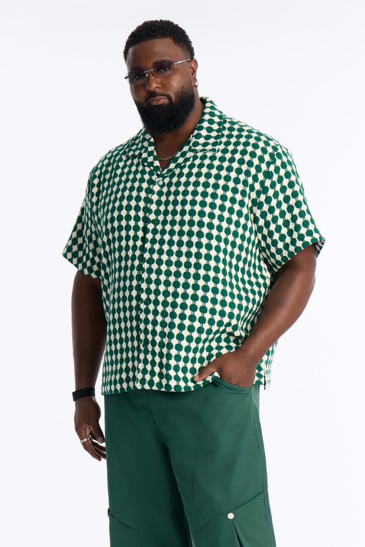 Relaxed Weaved Jacquard Cuban Collar Button Up Shirt - Green/combo