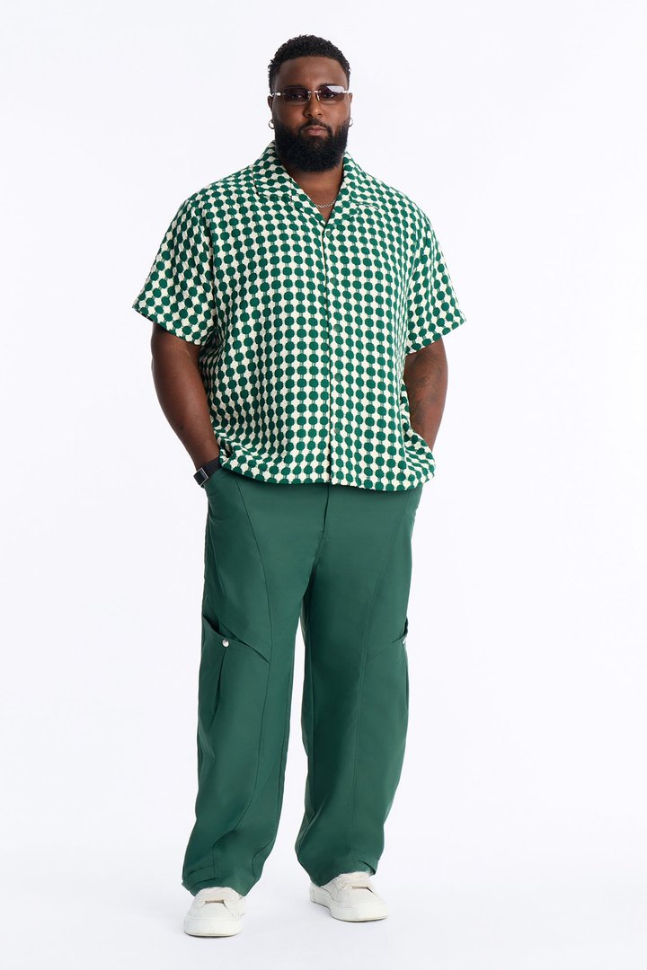 Relaxed Weaved Jacquard Cuban Collar Button Up Shirt - Green/combo