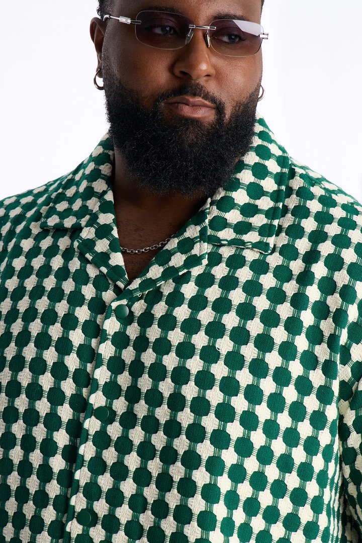Relaxed Weaved Jacquard Cuban Collar Button Up Shirt - Green/combo