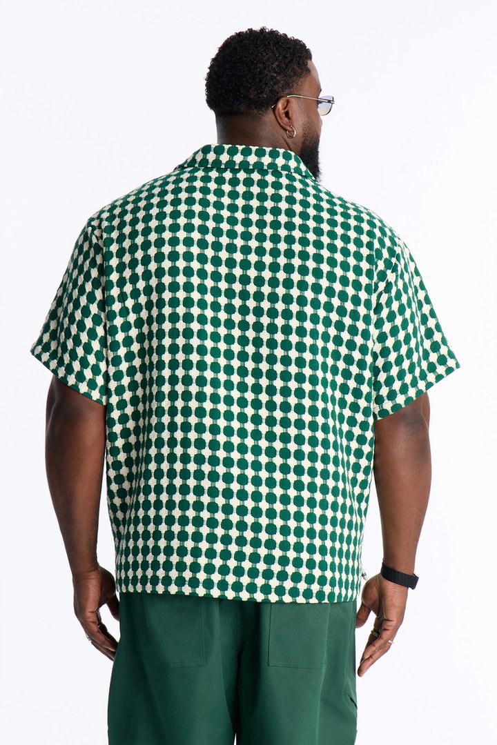 Relaxed Weaved Jacquard Cuban Collar Button Up Shirt - Green/combo