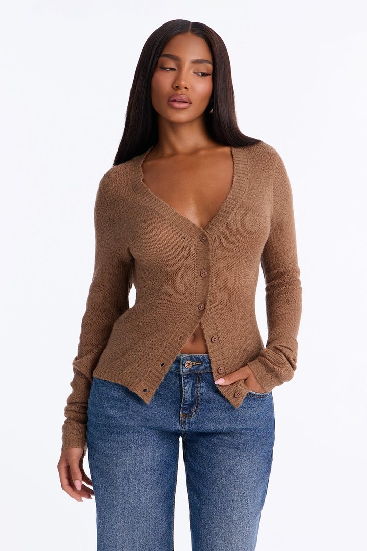 Sheer Me Out Long Sleeve Button Up Cardigan Sweater - Mocha