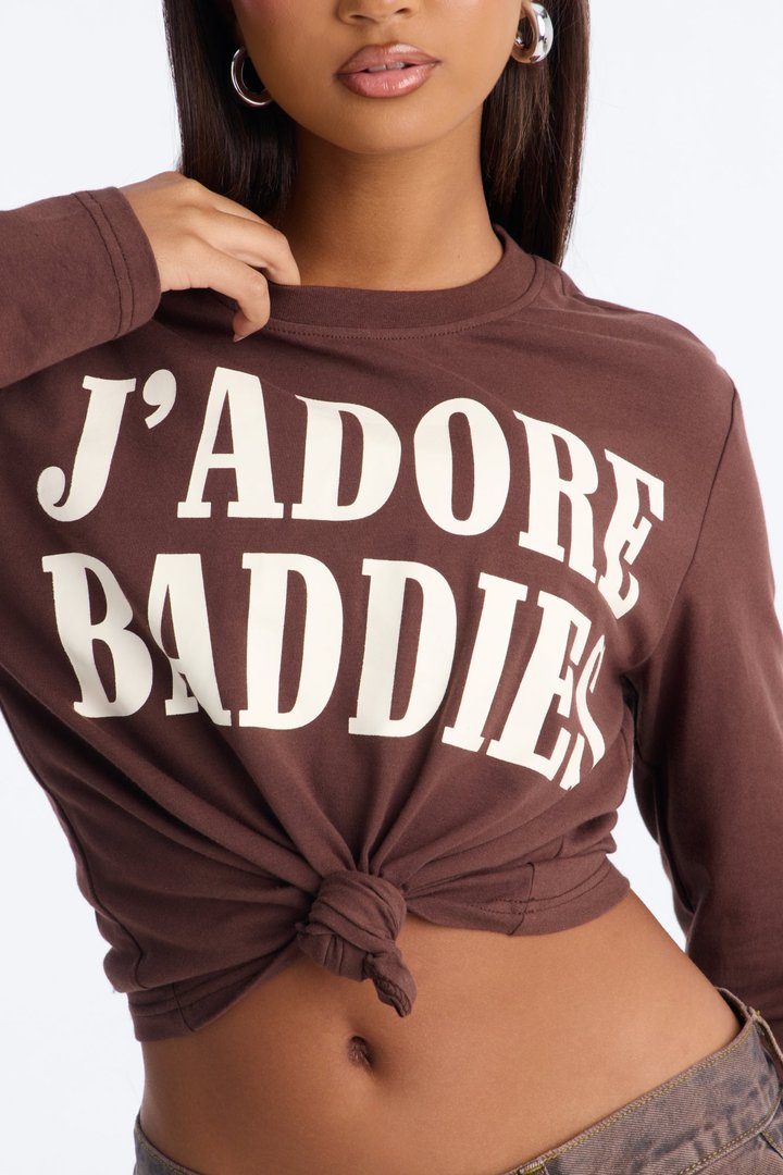 J'Adore Baddies Tie Front Long Sleeve Top - Chocolate