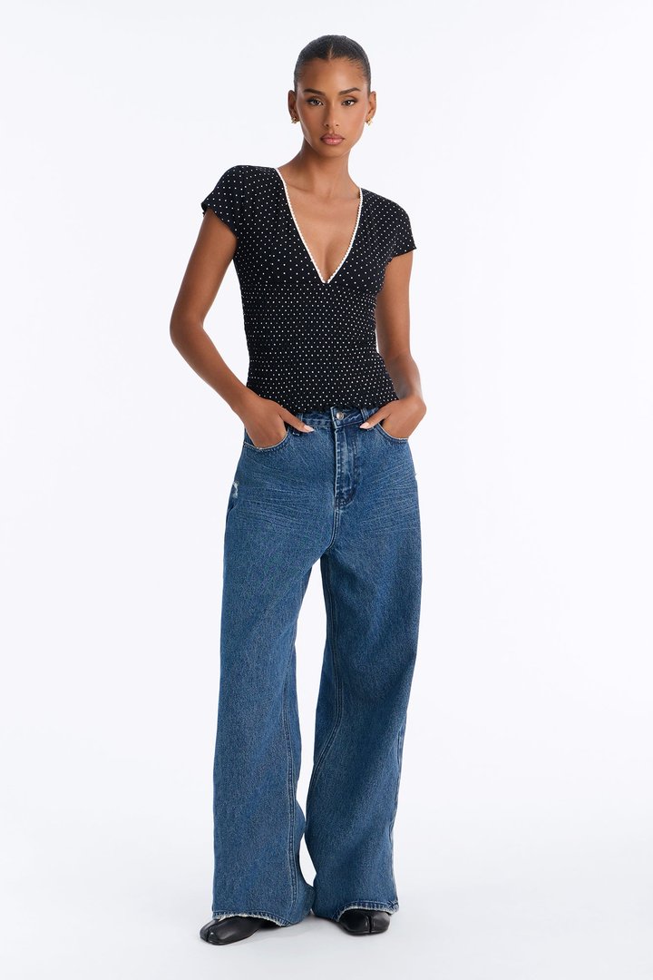 Marie Polka Dot Short Sleeve Smocked Top - Black/combo