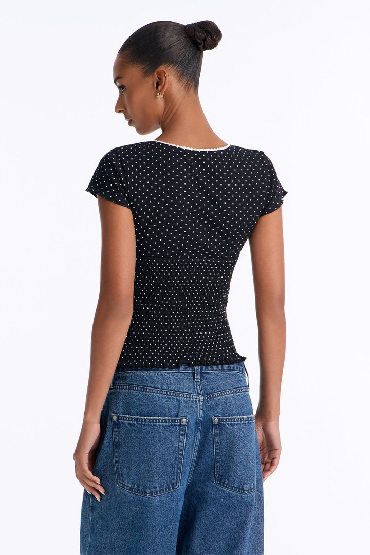 Marie Polka Dot Short Sleeve Smocked Top - Black/combo