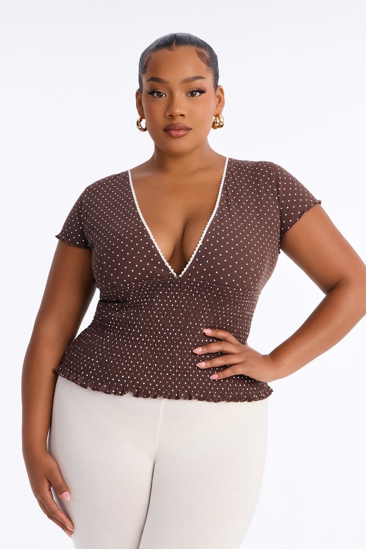 Marie Polka Dot Short Sleeve Smocked Top - Chocolate/Combo