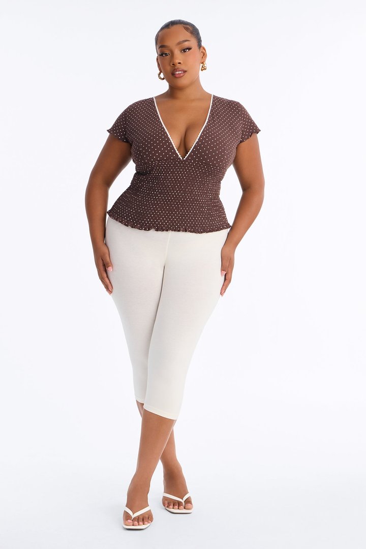 Marie Polka Dot Short Sleeve Smocked Top - Chocolate/Combo