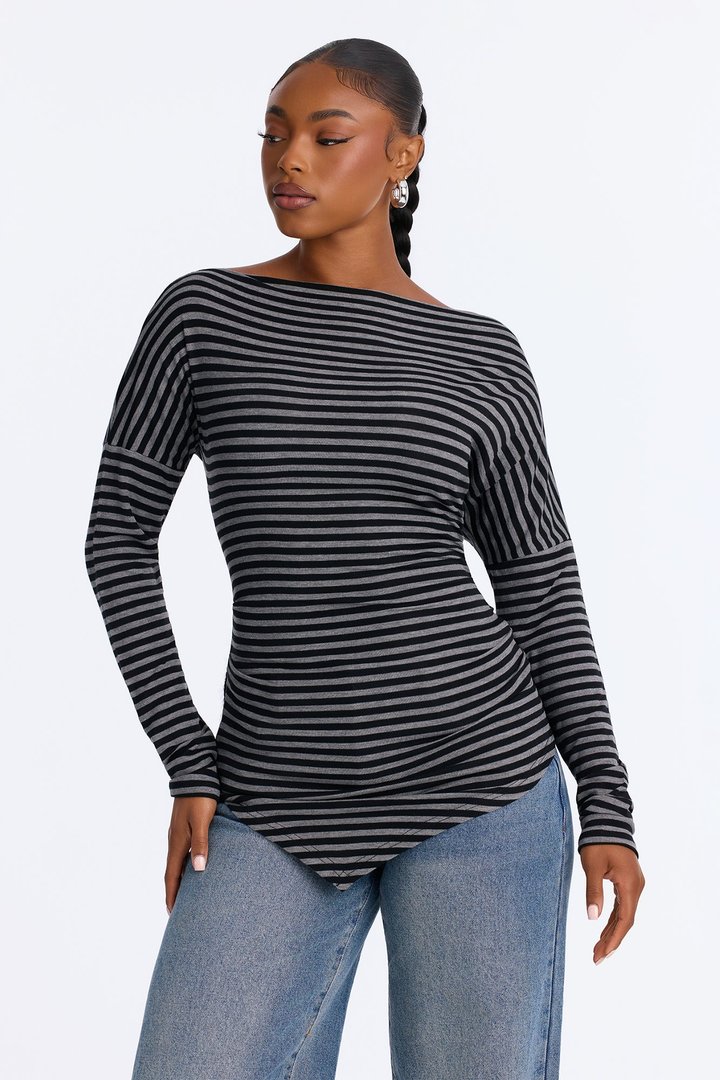 Lola Striped Boat Neck Asymmetrical Long Sleeve Top - Black/combo