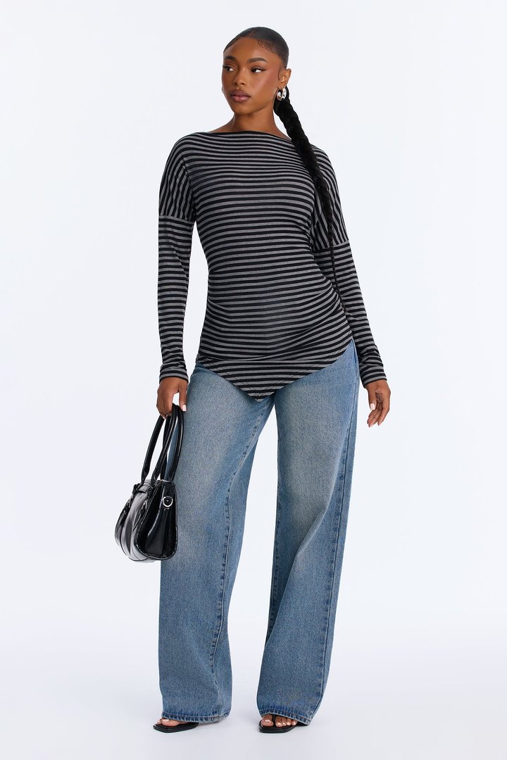 Lola Striped Boat Neck Asymmetrical Long Sleeve Top - Black/combo