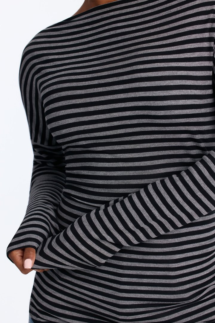 Lola Striped Boat Neck Asymmetrical Long Sleeve Top - Black/combo