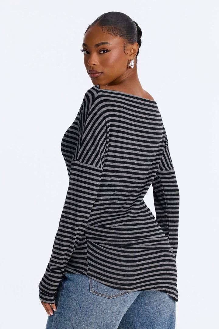 Lola Striped Boat Neck Asymmetrical Long Sleeve Top - Black/combo