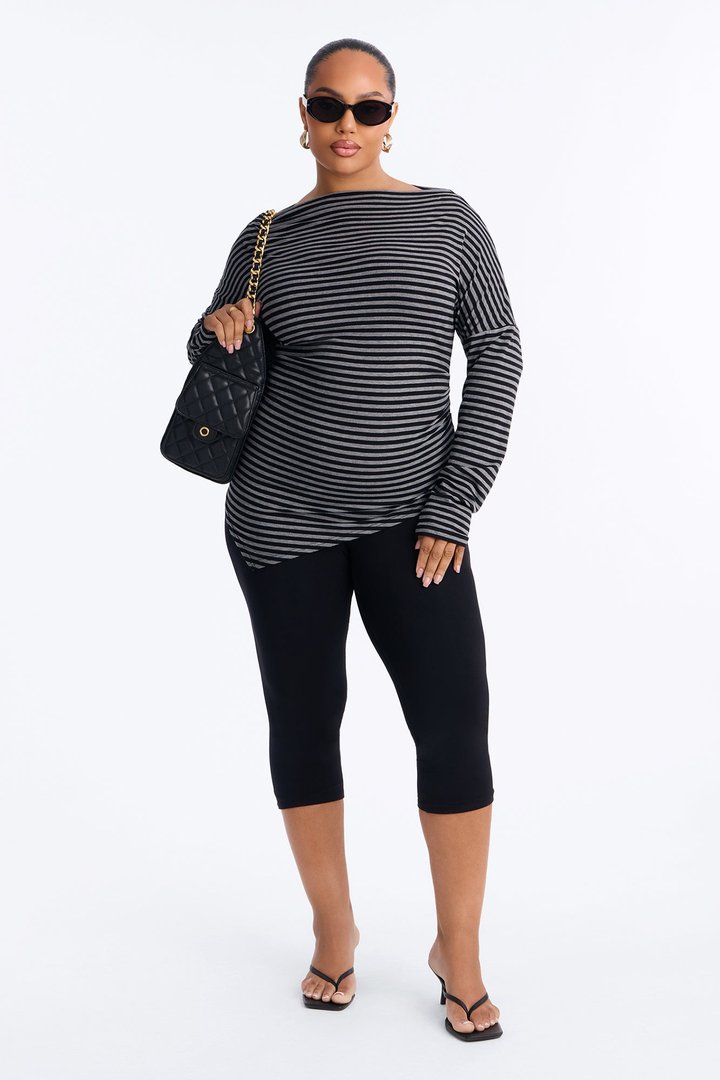 Lola Striped Boat Neck Asymmetrical Long Sleeve Top - Black/combo