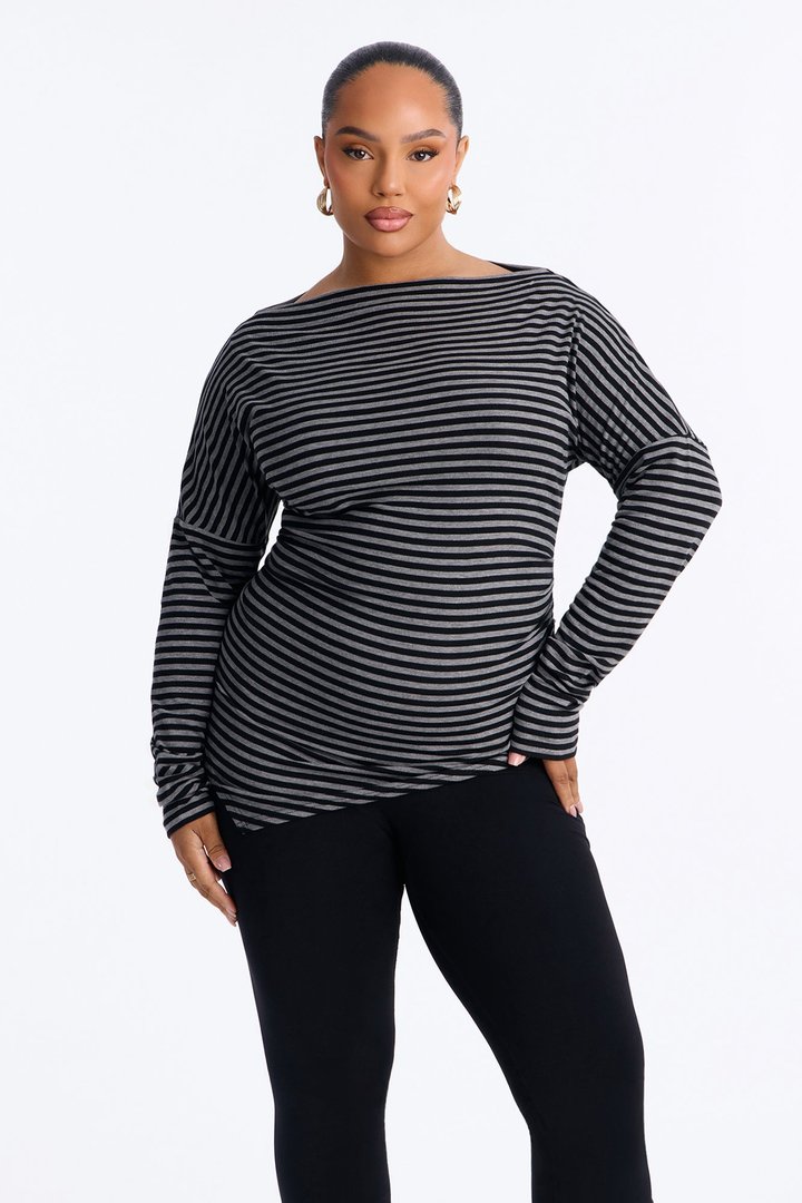 Lola Striped Boat Neck Asymmetrical Long Sleeve Top - Black/combo