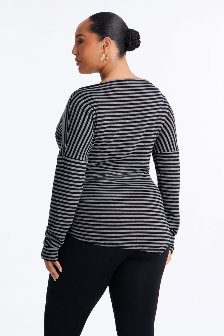 Lola Striped Boat Neck Asymmetrical Long Sleeve Top - Black/combo