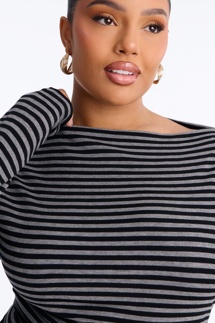 Lola Striped Boat Neck Asymmetrical Long Sleeve Top - Black/combo