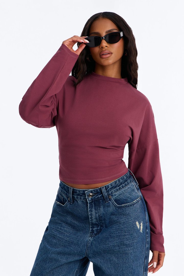 Krissy Cinched Waist Long Sleeve T-Shirt - Burgundy