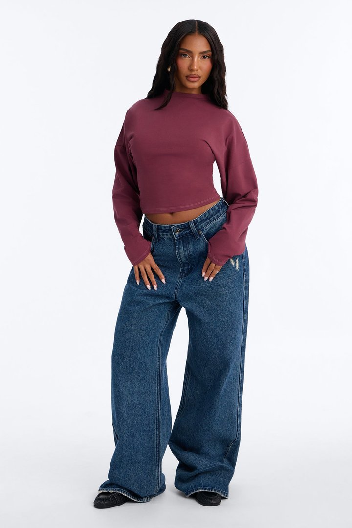 Krissy Cinched Waist Long Sleeve T-Shirt - Burgundy