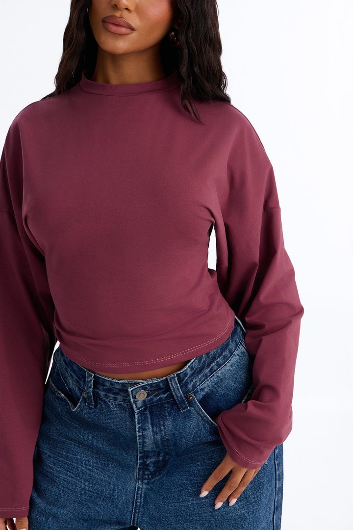 Krissy Cinched Waist Long Sleeve T-Shirt - Burgundy