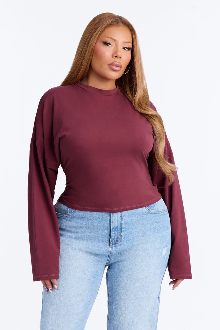 Krissy Cinched Waist Long Sleeve T-Shirt - Burgundy