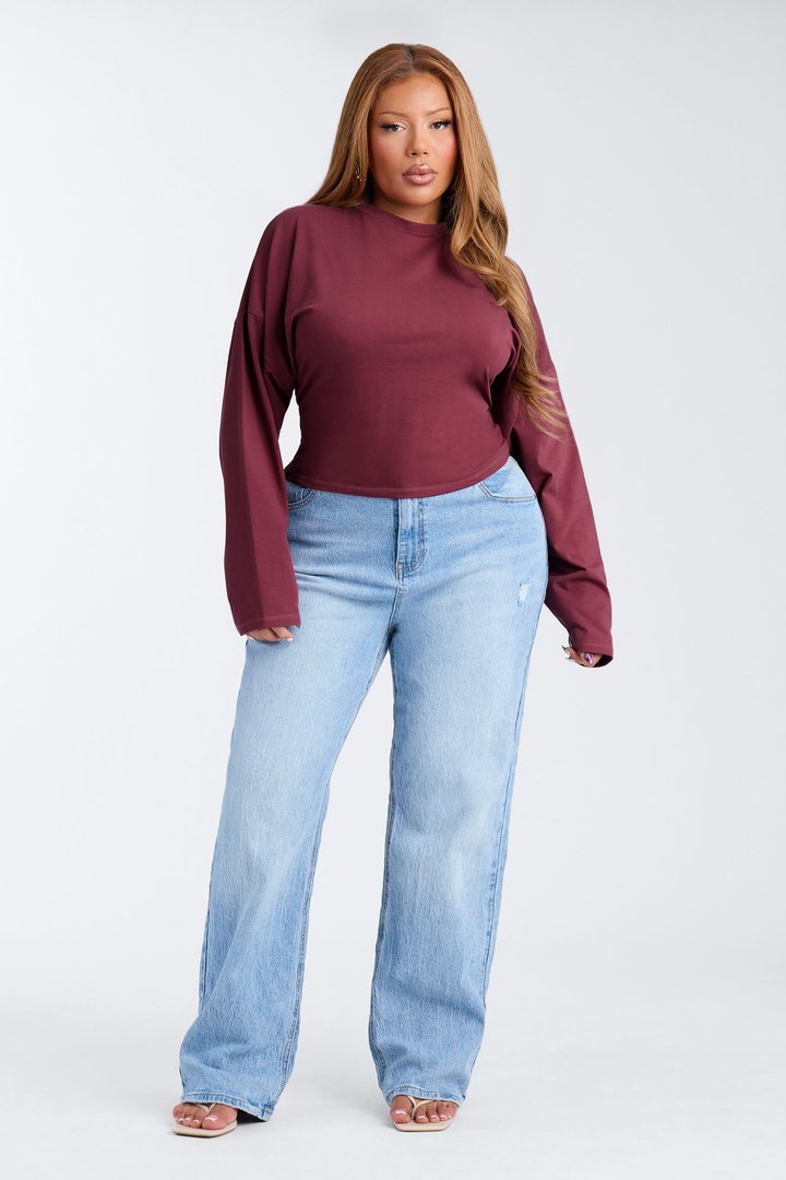 Krissy Cinched Waist Long Sleeve T-Shirt - Burgundy