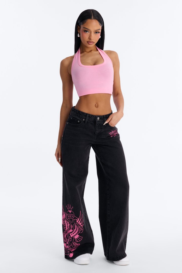 Ed Hardy Skull Flower Wide Leg Jeans - Black
