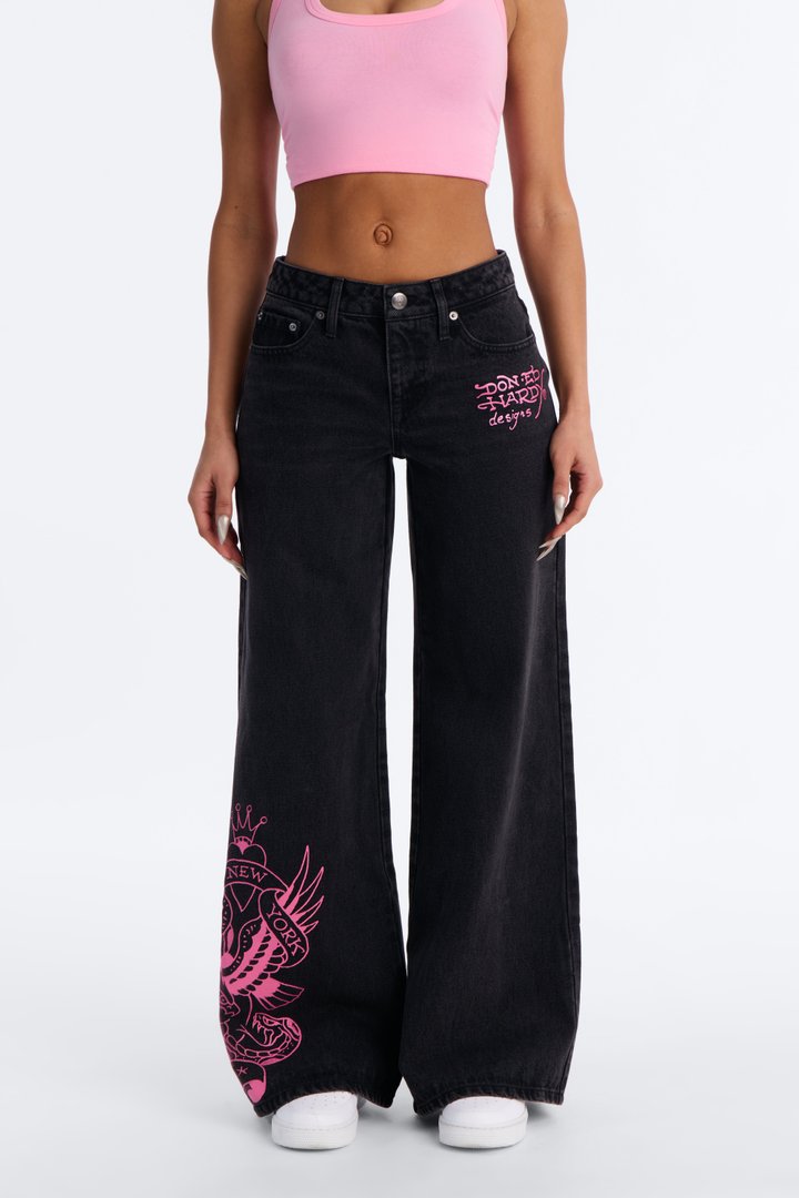 Ed Hardy Skull Flower Wide Leg Jeans - Black