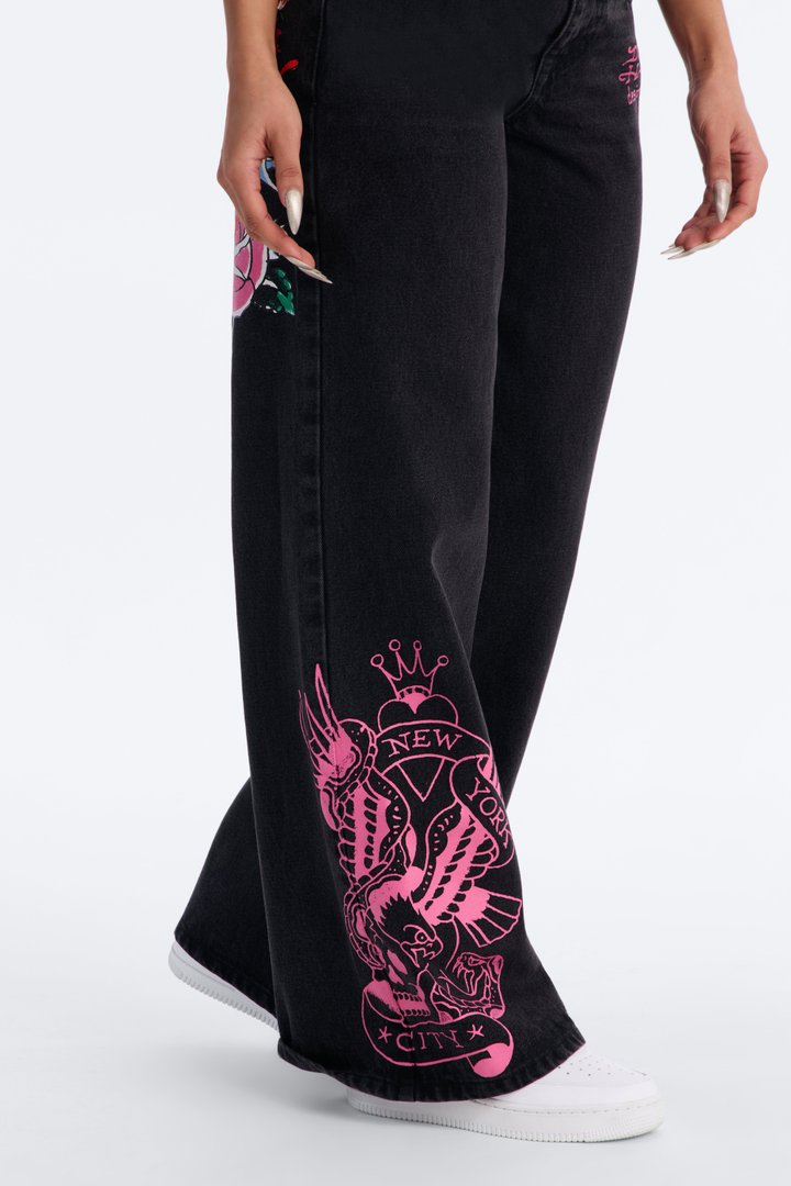 Ed Hardy Skull Flower Wide Leg Jeans - Black