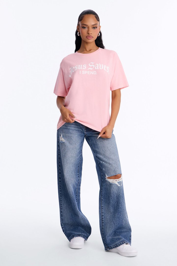 Jesus Saves I Spend Washed T-Shirt - Pink