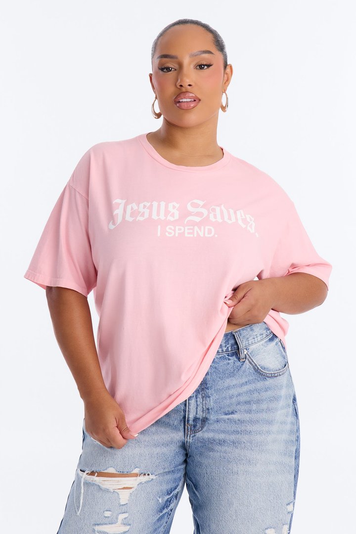 Jesus Saves I Spend Washed T-Shirt - Pink