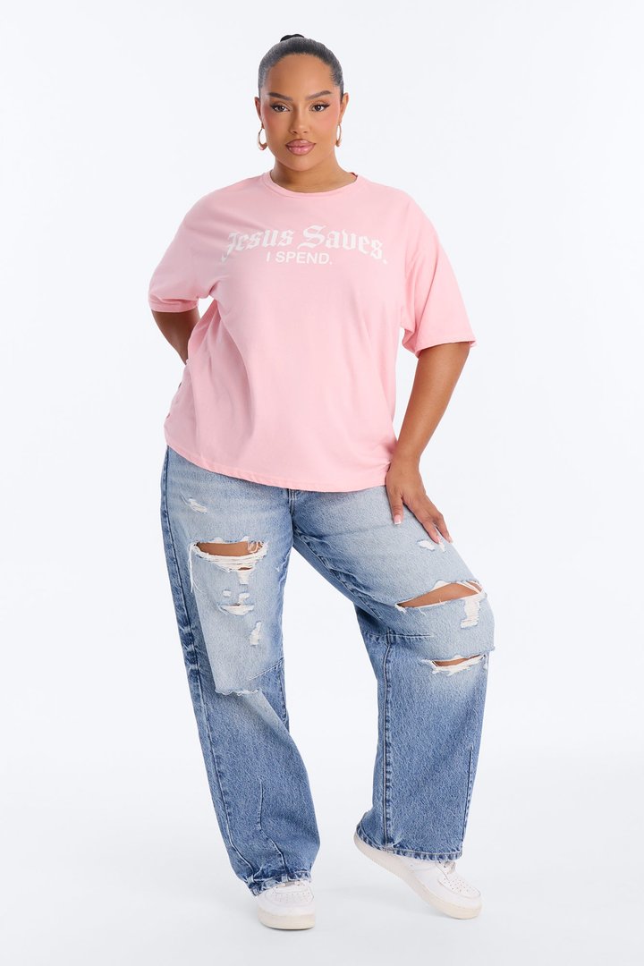 Jesus Saves I Spend Washed T-Shirt - Pink