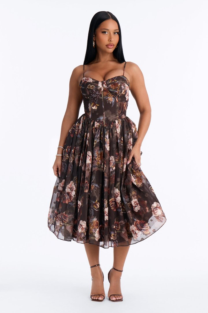 She's The Daydream Floral Midi Dress - Brown/combo