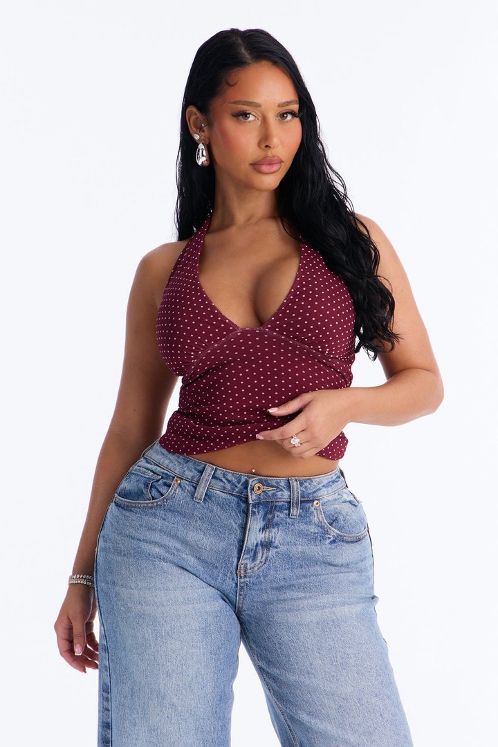 Chloe Mesh Polka Dot Halter Top - Burgundy/combo