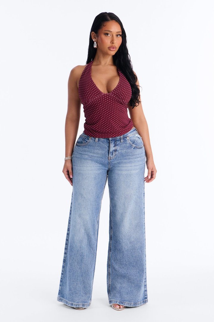 Chloe Mesh Polka Dot Halter Top - Burgundy/combo