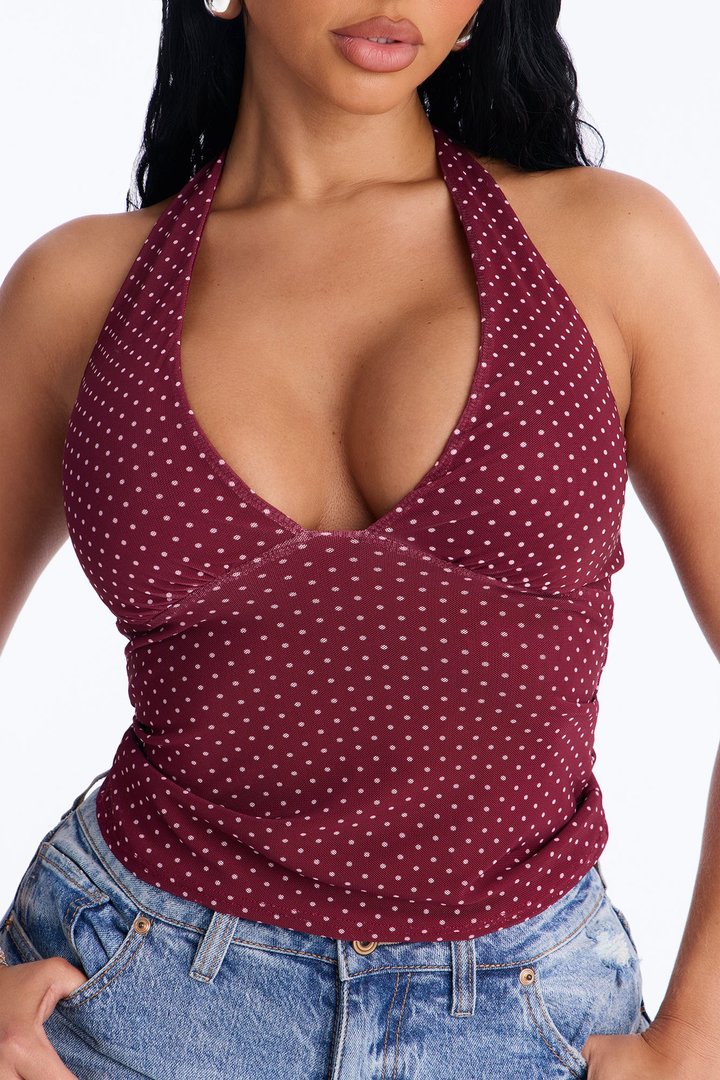Chloe Mesh Polka Dot Halter Top - Burgundy/combo