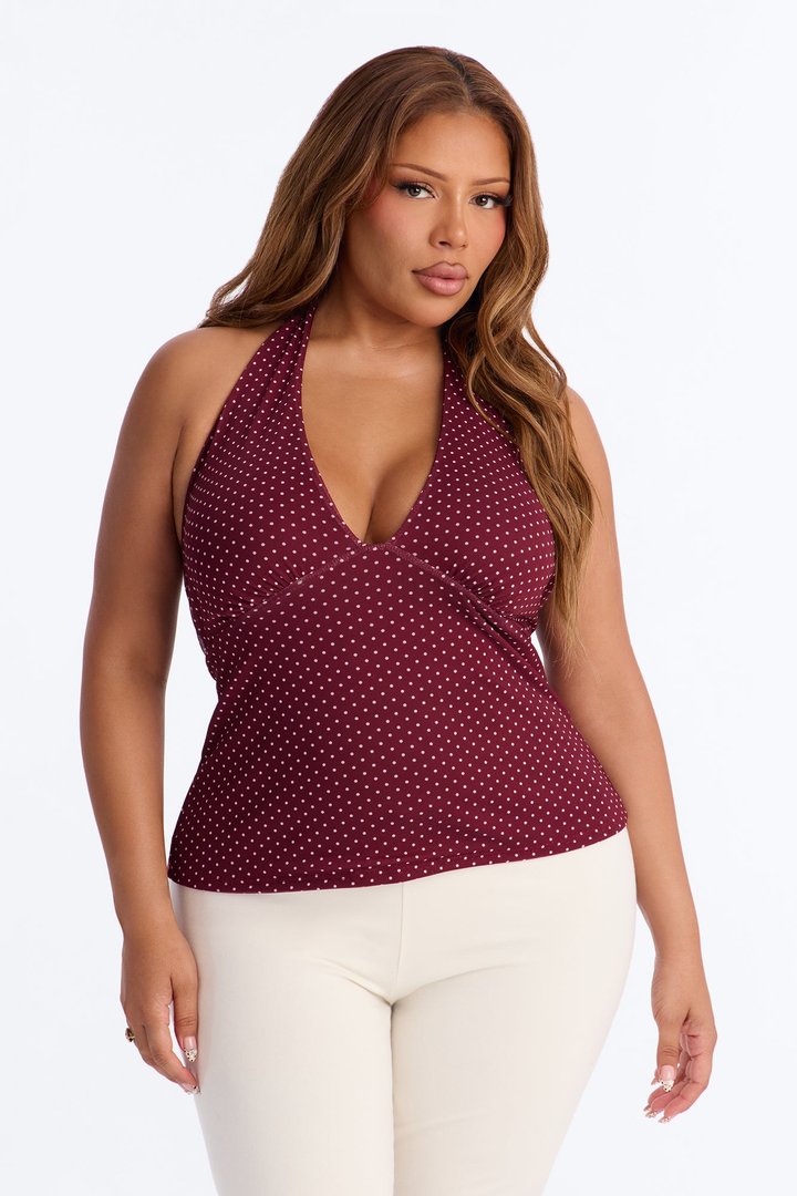 Chloe Mesh Polka Dot Halter Top - Burgundy/combo