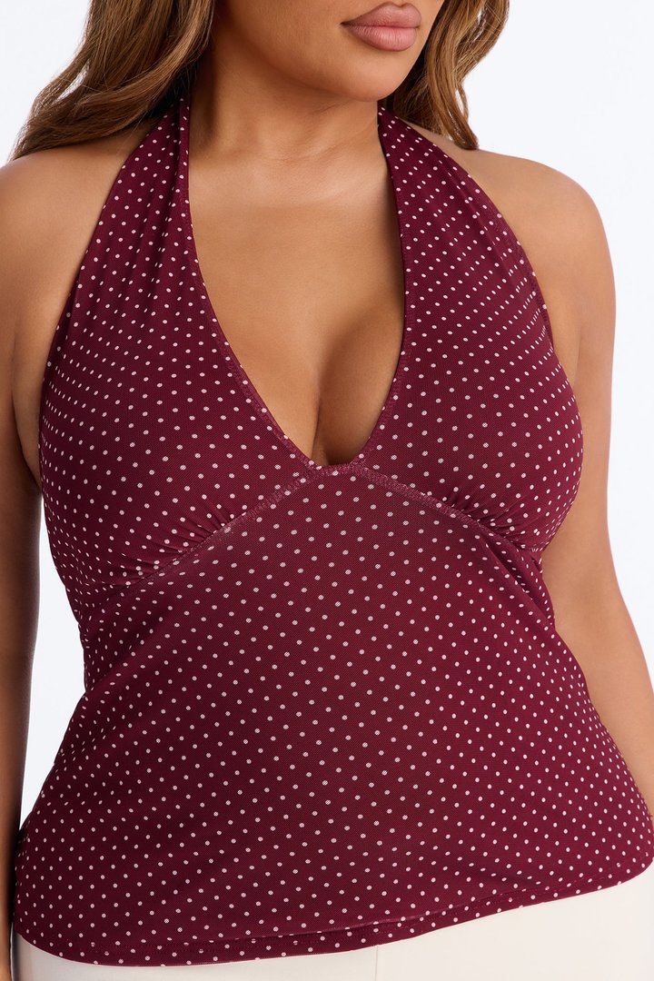 Chloe Mesh Polka Dot Halter Top - Burgundy/combo