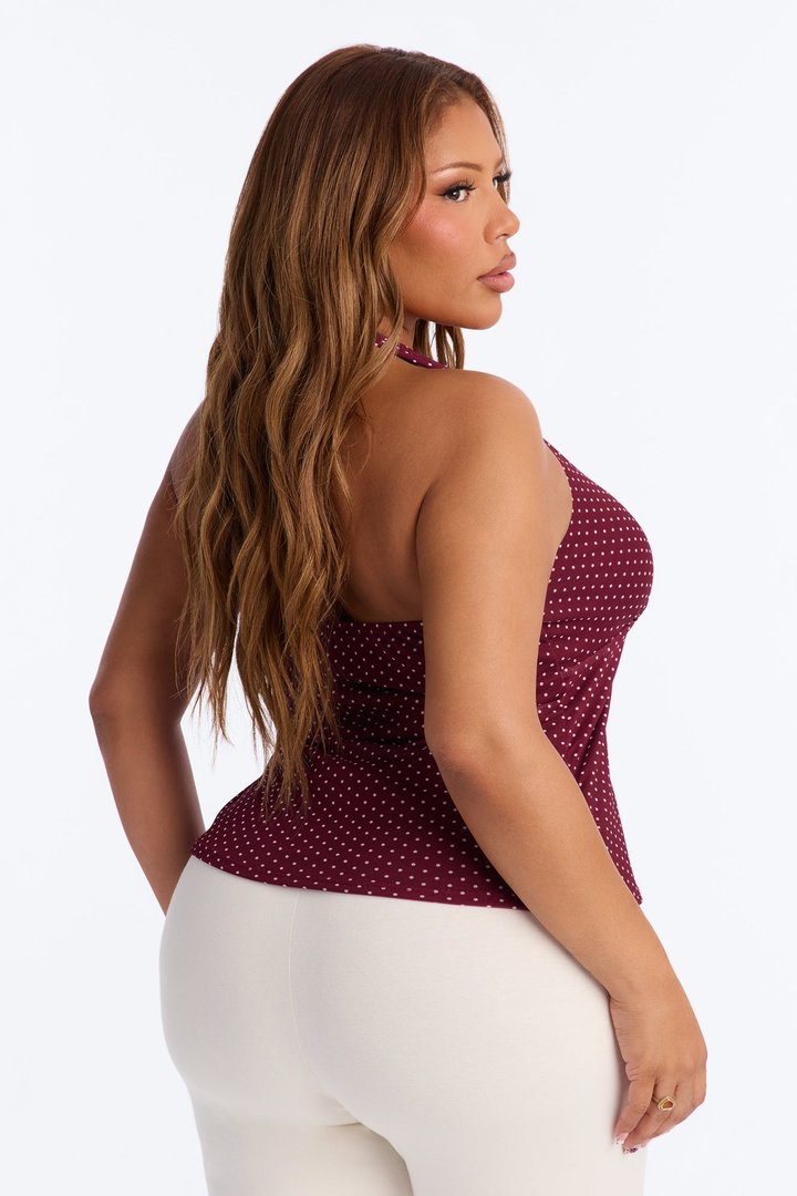 Chloe Mesh Polka Dot Halter Top - Burgundy/combo