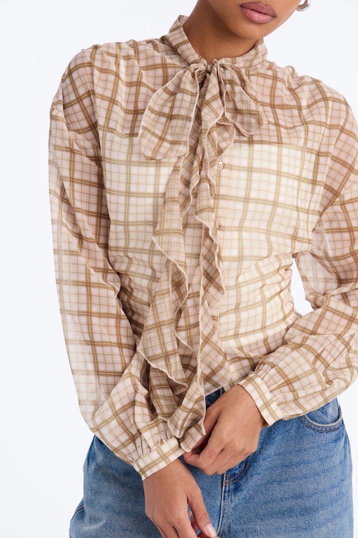 Rosalina Ruffled Plaid Chiffon Blouse - Olive/combo