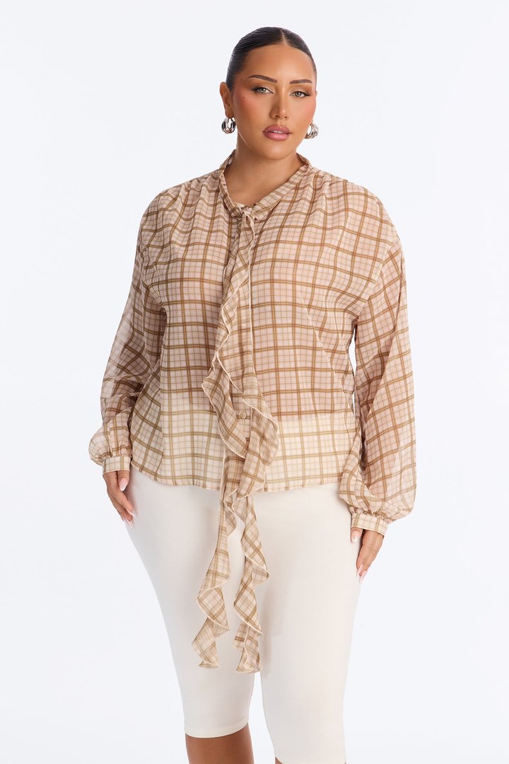 Rosalina Ruffled Plaid Chiffon Blouse - Olive/combo