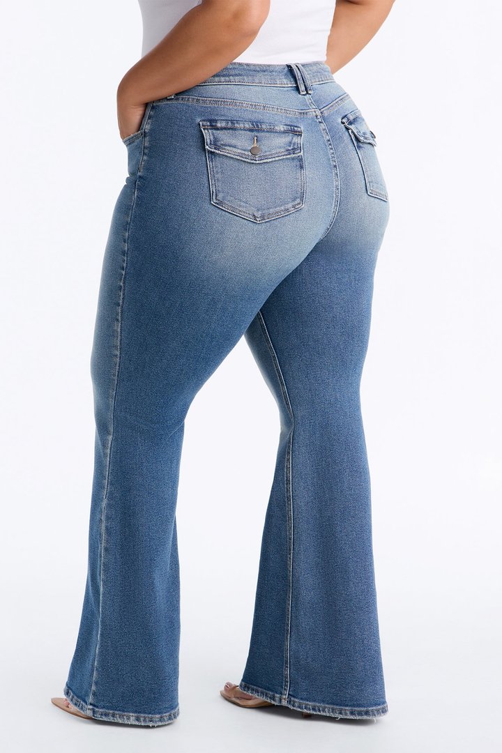 Line Dancer Low Rise Stretch Flare Leg Jeans - Medium Wash