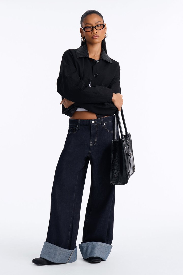 The Broadway Cuffed Non Stretch Wide Leg Jeans - Dark Denim