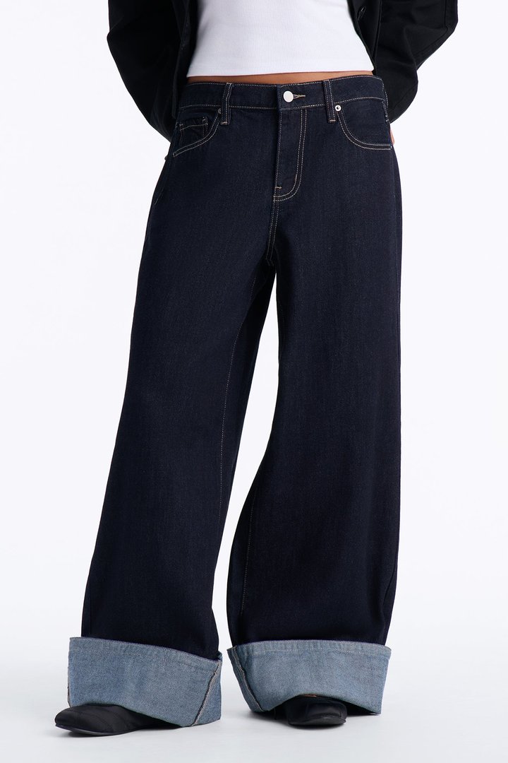 The Broadway Cuffed Non Stretch Wide Leg Jeans - Dark Denim
