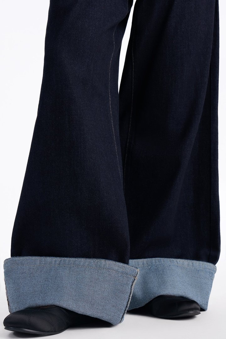 The Broadway Cuffed Non Stretch Wide Leg Jeans - Dark Denim