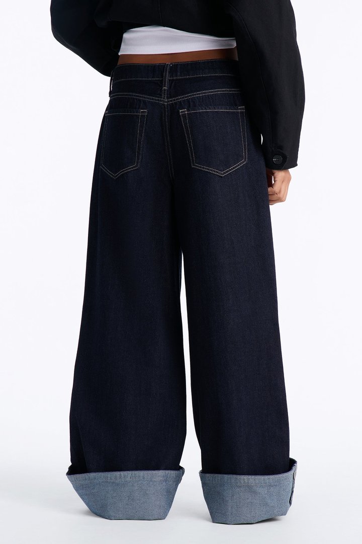 The Broadway Cuffed Non Stretch Wide Leg Jeans - Dark Denim