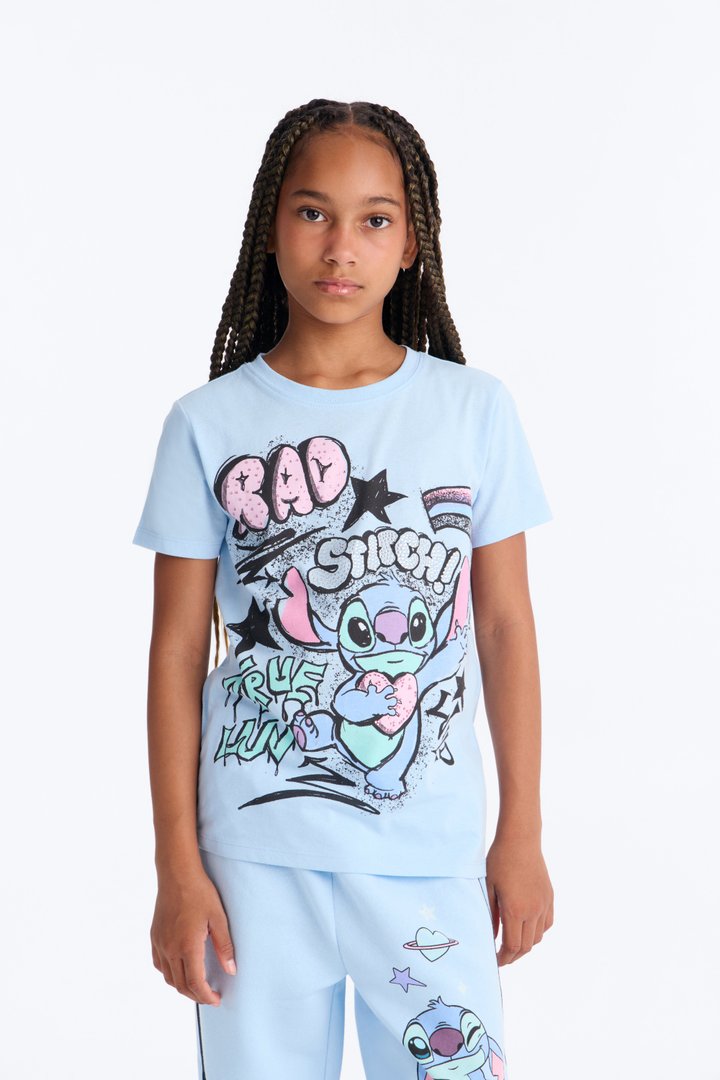 Mini Stitch Graffiti Wide Leg Pant Set - Light Blue