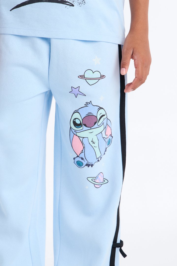 Mini Stitch Graffiti Wide Leg Pant Set - Light Blue