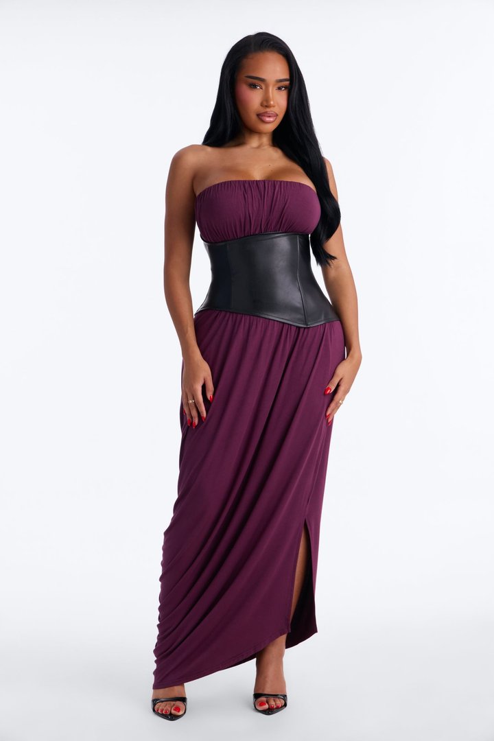 Draped Obsession Corset Strapless Maxi Dress - Plum