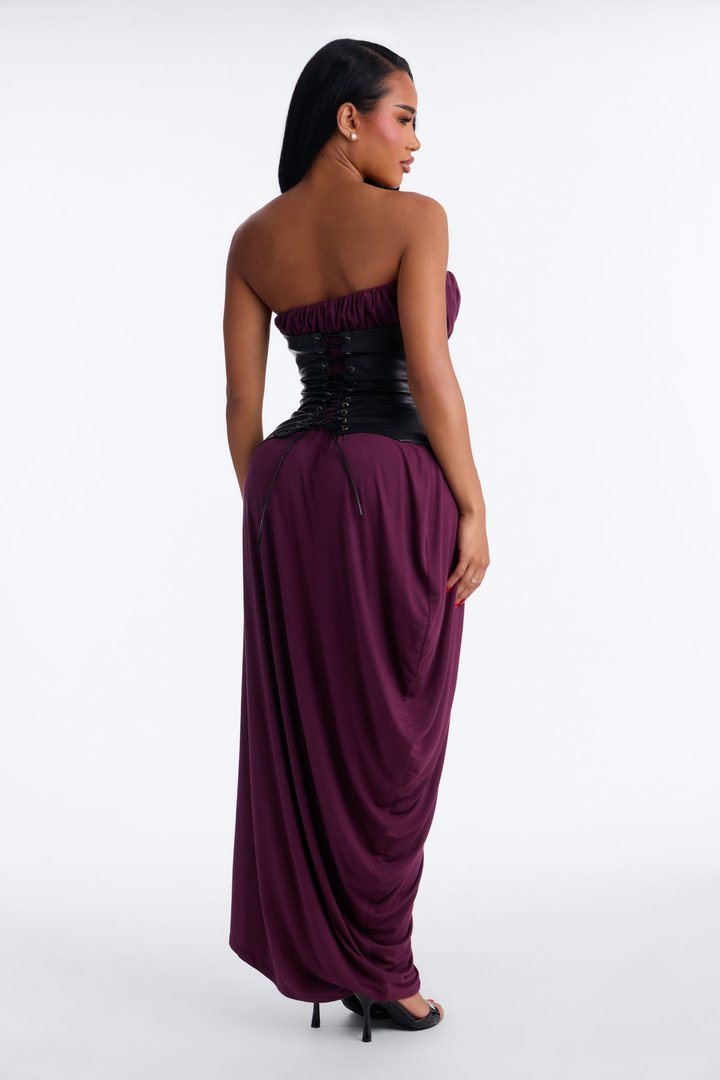 Draped Obsession Corset Strapless Maxi Dress - Plum