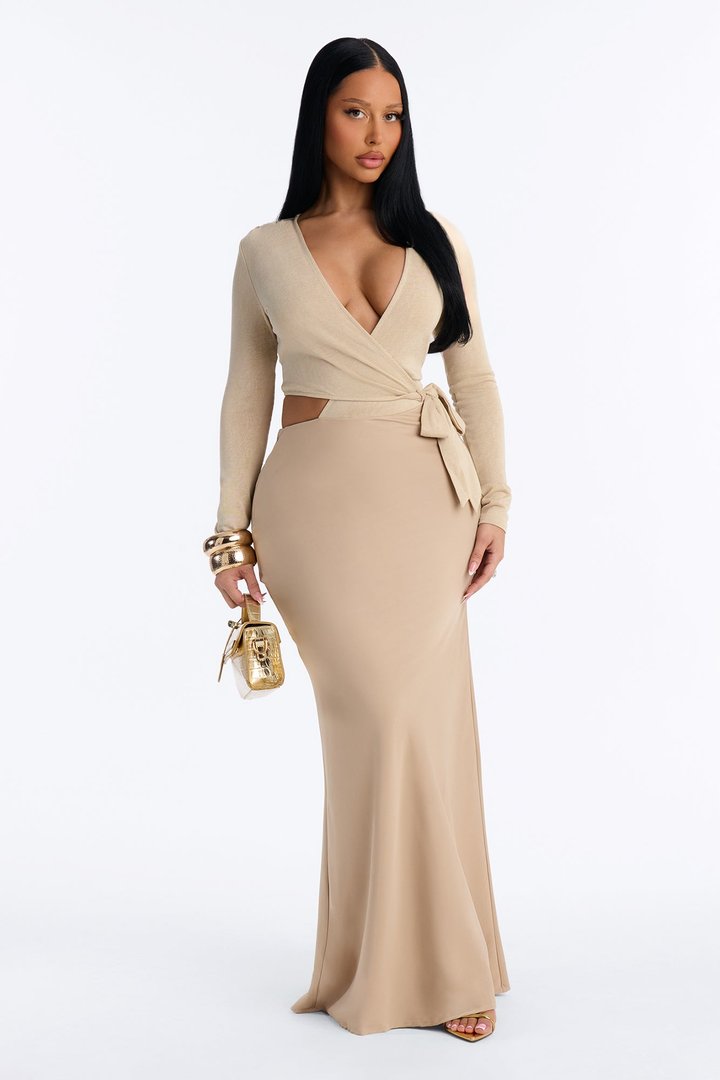 Sunday In Soho Long Sleeve Satin Maxi Dress - Taupe
